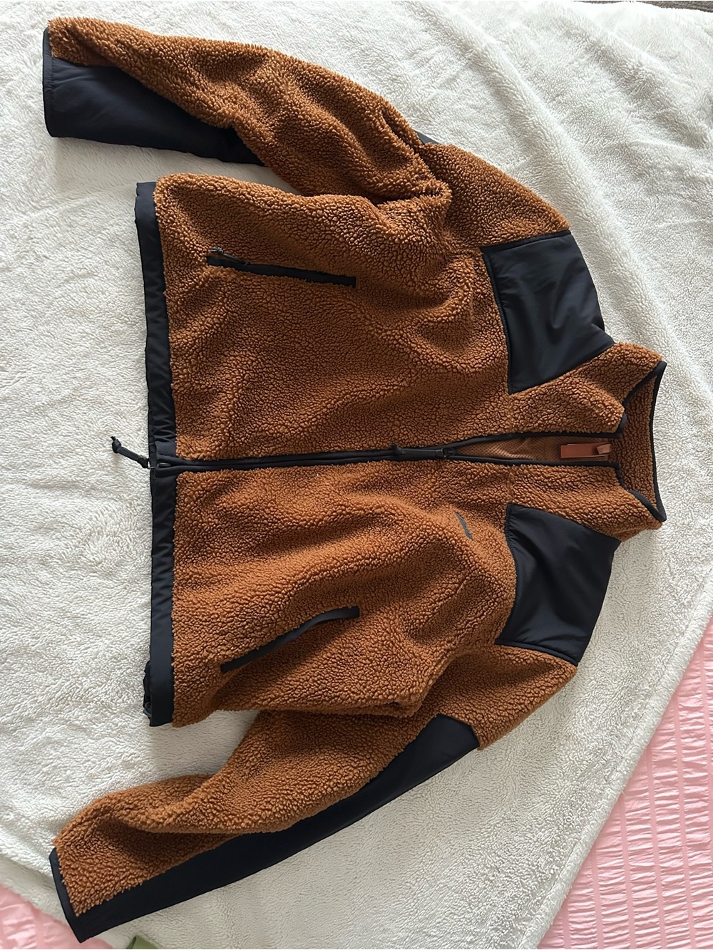 SKIMS Brown Sherpa Puffer Jacket with Black Panels